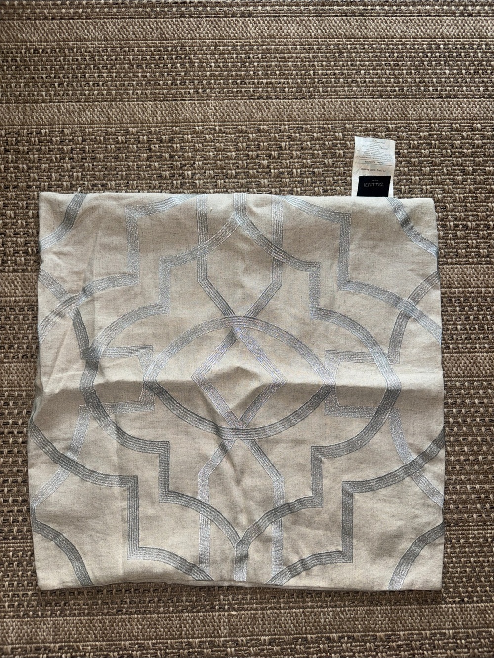 Tahari Natural Linen with Silver Geometric Decorative Pillow Cover - Cream